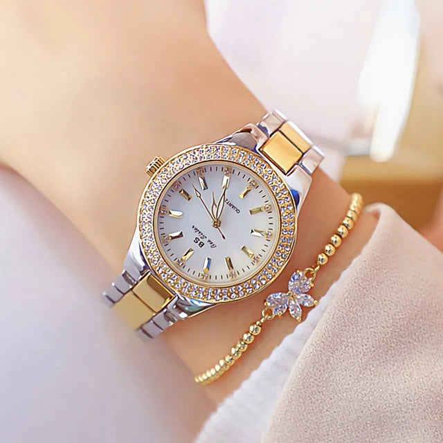 Relojes de pulsera para mujer, reloj de vestir dorado, reloj con diamantes de cristal, relojes de acero inoxidable plateados para mujer, Montre Femme