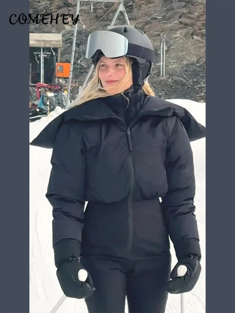Mono de esquí con capucha para mujer, cuello alto, cierre de cremallera, manga larga, cintura alta, de algodón, cálido para invierno 2026.