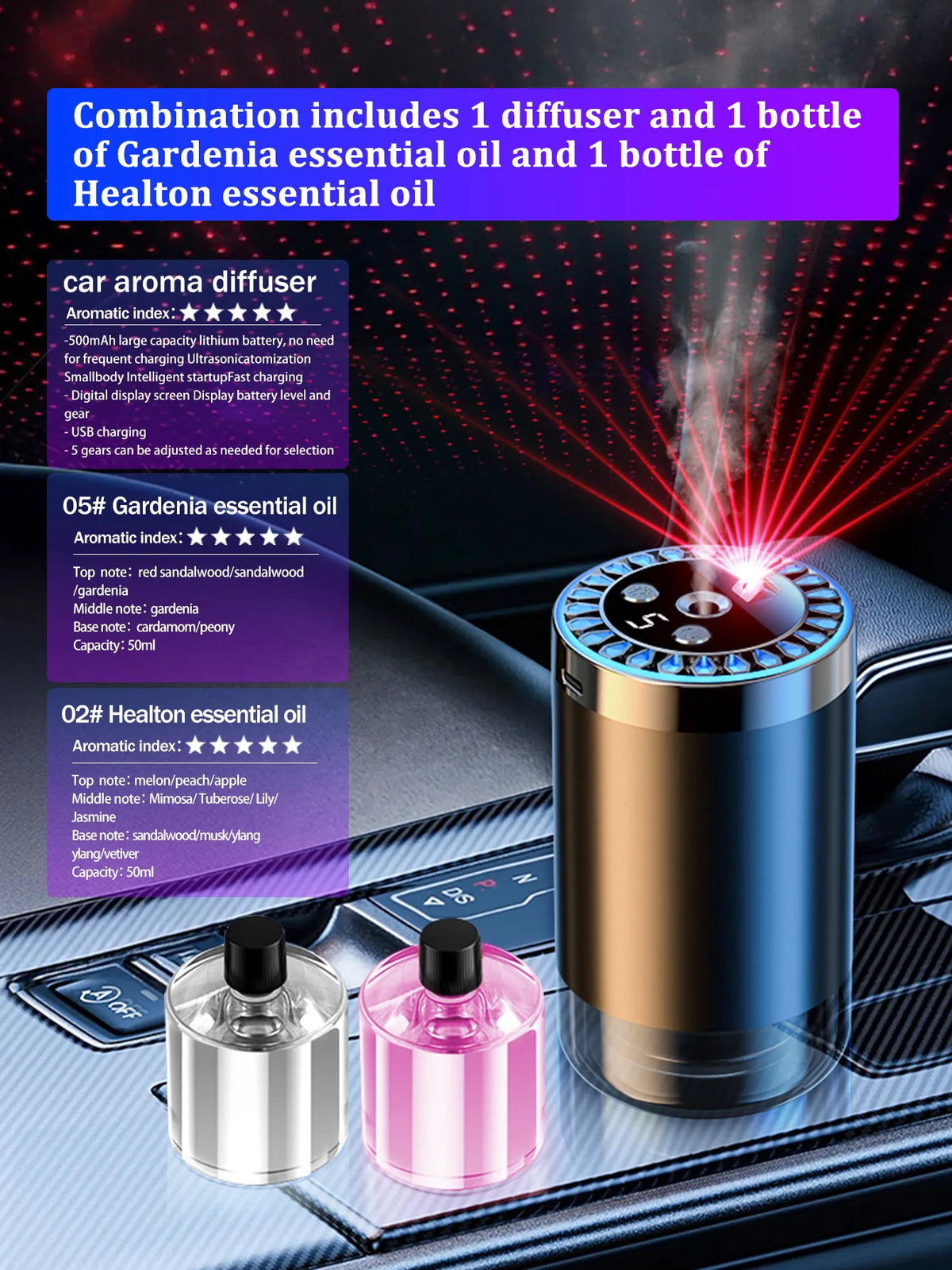Difusor de aroma de coche recargable, aceite esencial aromático, luces coloridas, luces románticas de cielo estrellado, regalo de dormitorio