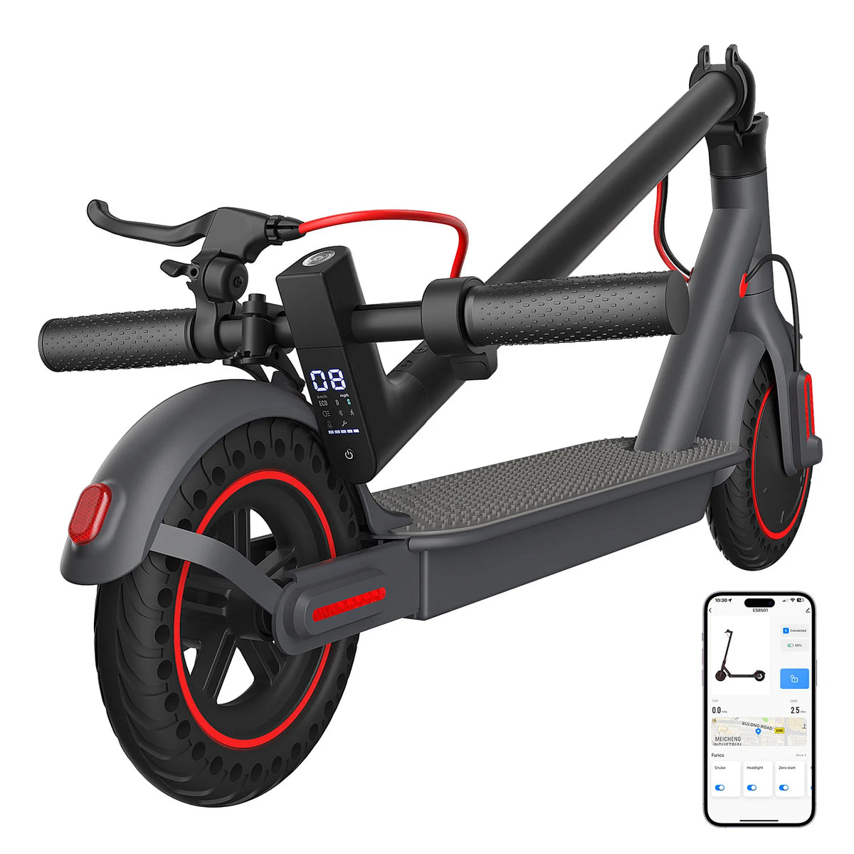 Patineta eléctrica plegable gris con manillar y pantalla LED, ruedas sólidas negras y rojas