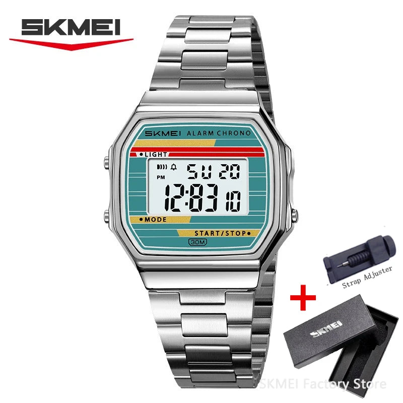 SKMEI Stainless Steel Watch for Men LED Men's Digital Wristwatches Light Retro Square Gold Case Stopwatch Alarm Classic Reloj