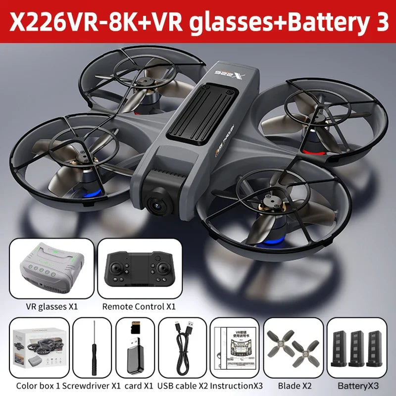 Mini dron cuadróptero gris con cuatro hélices, control remoto y gafas VR; con batería
