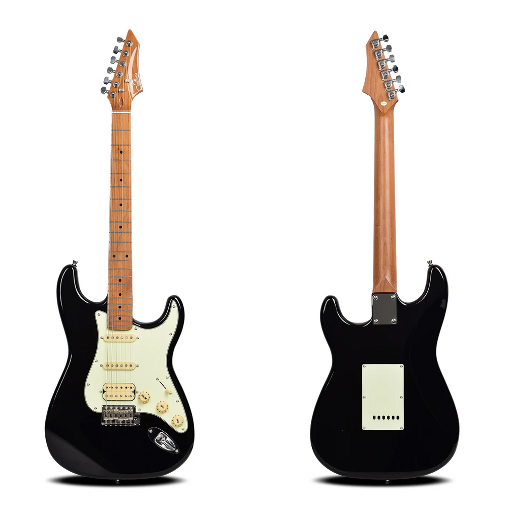 Guitarra eléctrica de estilo rock ST PRO 22, con trastes, pastillas Alnico 5 HSS, mástil de arce, cuerpo con acabado brillante, herrajes cromados, 6 cuerdas, ideal para guitarristas de rock.
