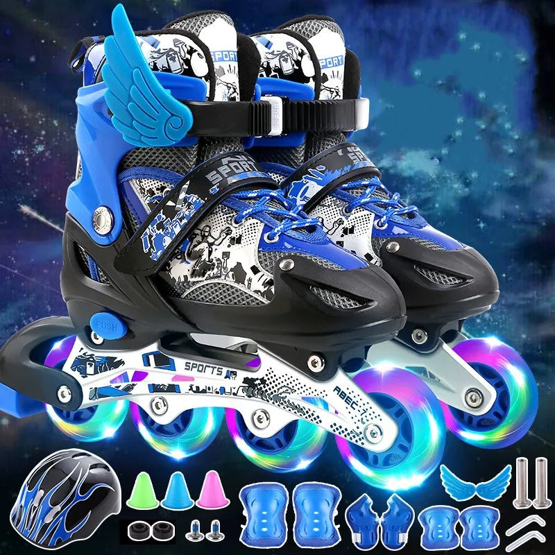 Patines Flash tamaño ajustable 26-42 para niños niñas zapatillas de patinaje al aire libre zapatos de patín de 4 ruedas con casco, rodillera para codo