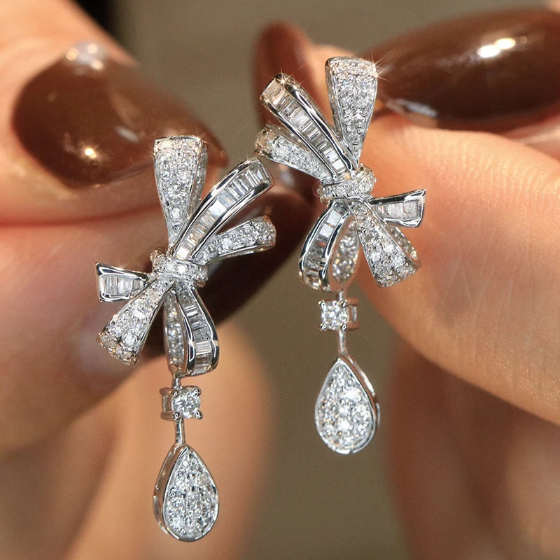 Aazuo, joyería de lujo, oro blanco de 18 quilates, diamantes naturales de 0,75 quilates, pendientes con lazo a la moda para niña, regalo de moda, Au750 fino
