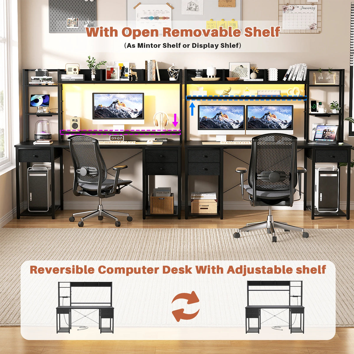 Escritorio de computadora reversible negro con estante removible y cajones