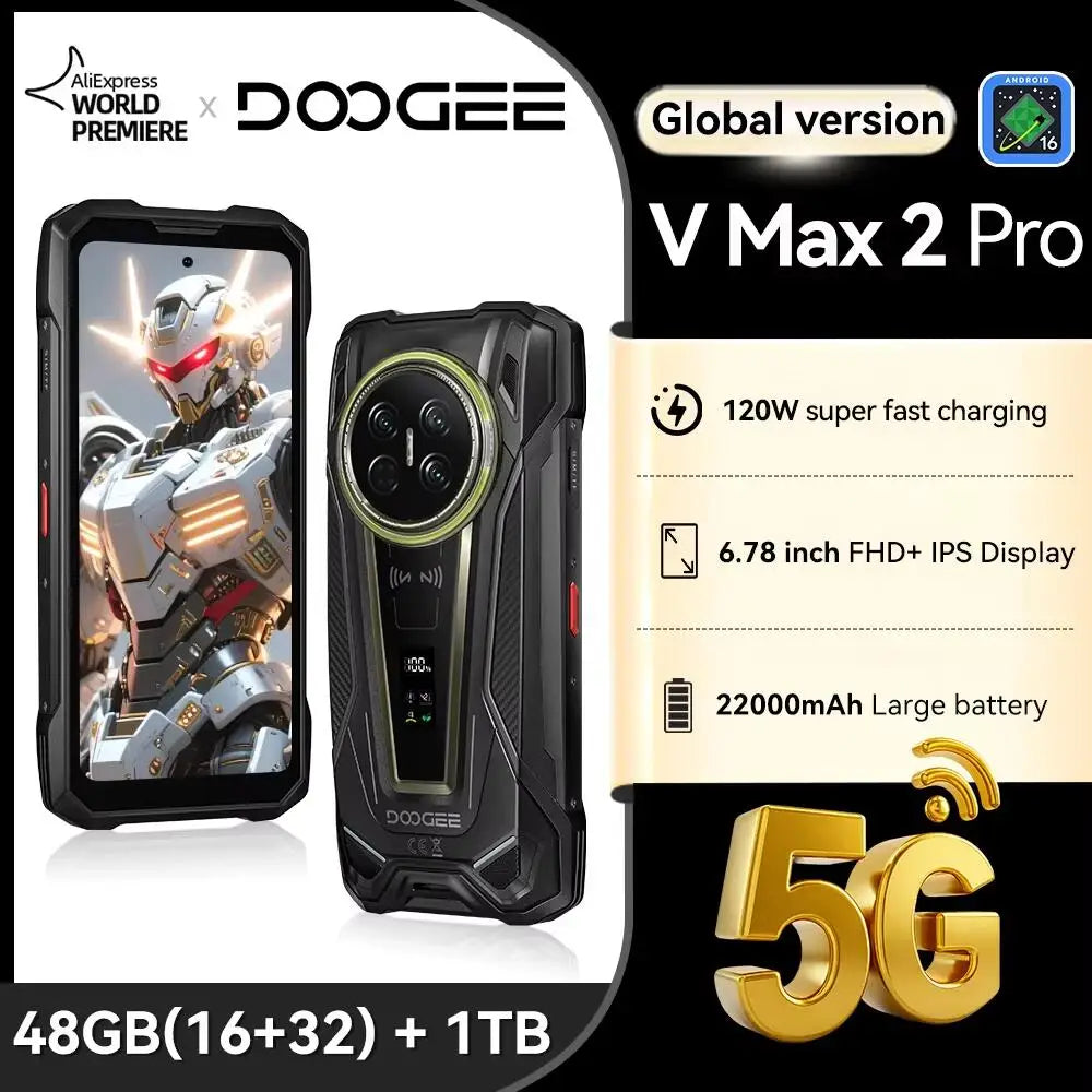 Smartphone resistente DOOGEE V Max 2 Pro 5G, estreno mundial, pantalla de 6,78", 48 GB (16+32) de RAM + 1 TB de ROM, gran batería de 22000 mAh, Android 16, luces de camping duales, altavoces duales, carga superrápida de 120 W