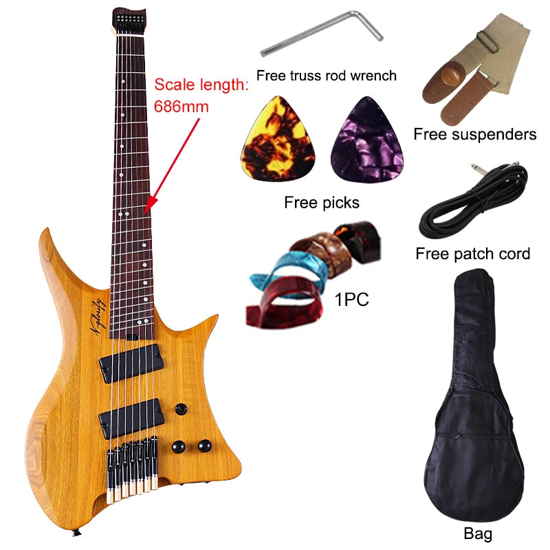 Guitarra eléctrica sin cabeza de 7 cuerdas, diseño de traste de 30 pulgadas, cuerpo de fresno sólido, escala 686, Mini guitarra mate Natural de alta calidad