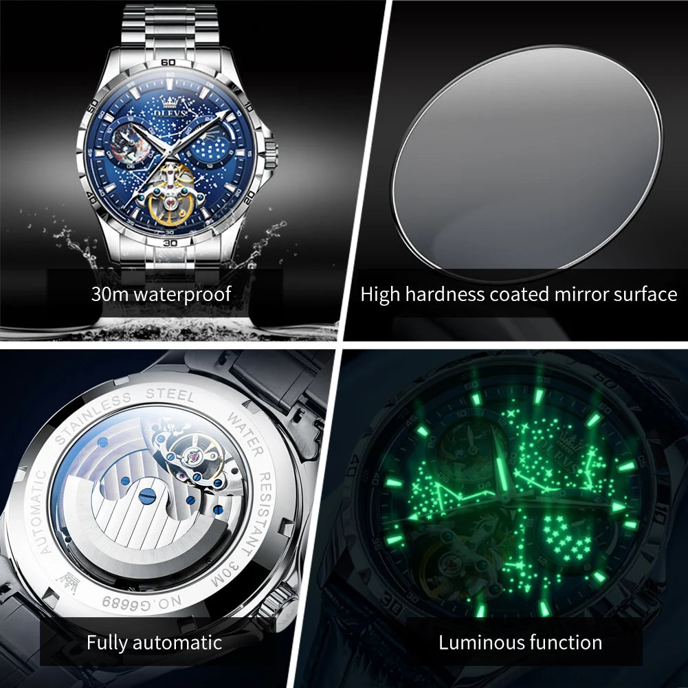 Reloj automático OLEVS con esfera esqueleto de volante para hombre, reloj de pulsera mecánico de negocios, impermeable, con diseño de cielo estrellado y luminiscente