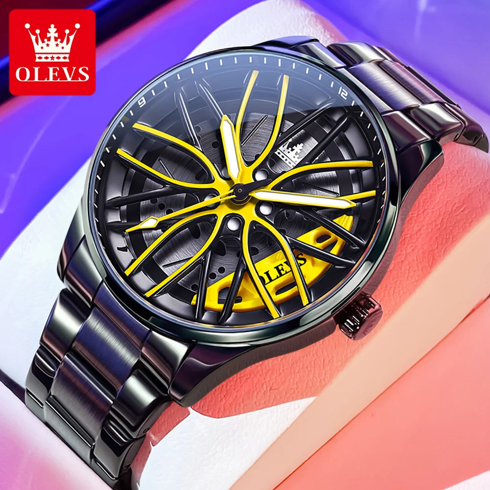 Reloj de lujo para hombre OLEVS 9937, resistente al agua, diseño de llanta de coche deportivo, reloj de cuarzo para hombre, de alta calidad, a la moda, el más vendido, luminoso.