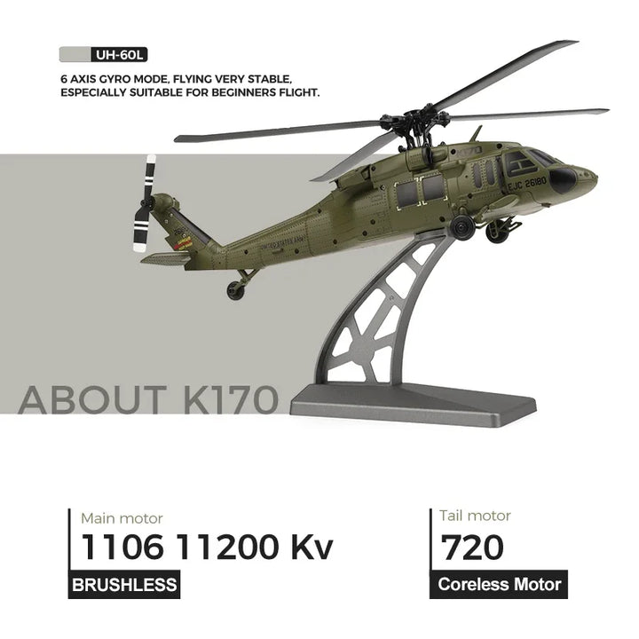 Helicóptero RC WLtoys K170 con Giroscopio UH-60L, Control Remoto de 4 Canales, Helicópteros sin Escobillas con Luz LED, Juguete de Avión para Niños