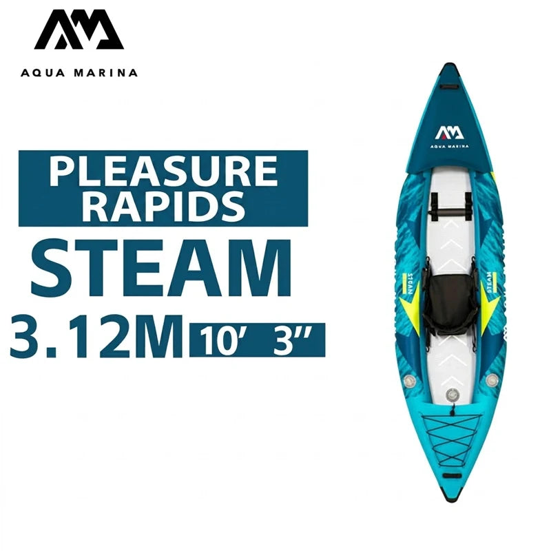 Kayak Inflable AQUA STEAM 312 para 1 Persona, con Piso de Tecnología Drop Stitch, PVC Reforzado 840D, Diseño Aerodinámico, Asiento con Respaldo Alto, Tecnología Deck Shield, para Deportes Acuáticos, Ríos, Lagos, Agua Du