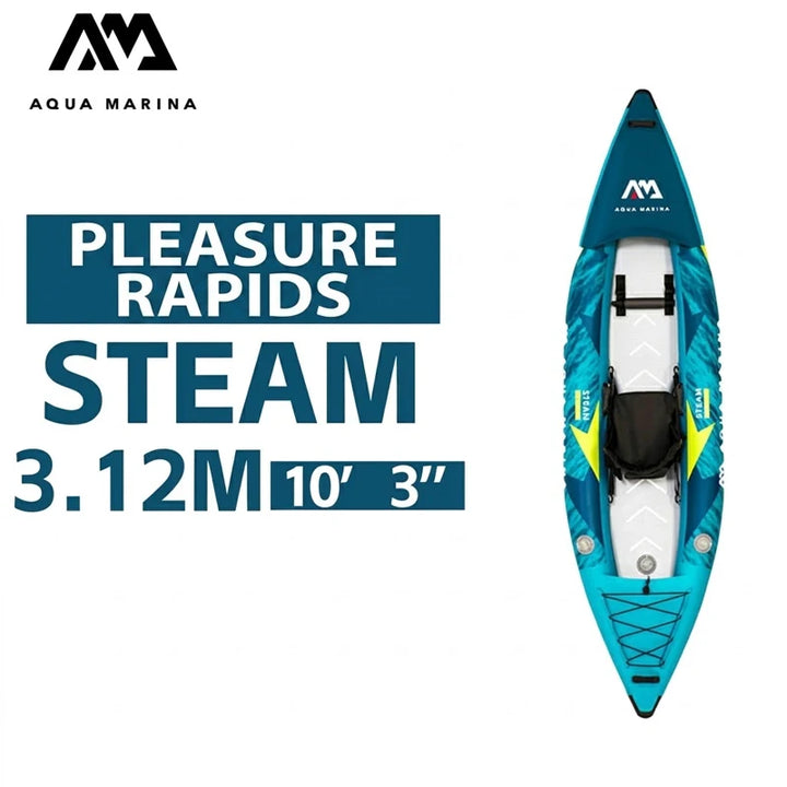 Kayak Inflable AQUA STEAM 312 para 1 Persona, con Piso de Tecnología Drop Stitch, PVC Reforzado 840D, Diseño Aerodinámico, Asiento con Respaldo Alto, Tecnología Deck Shield, para Deportes Acuáticos, Ríos, Lagos, Agua Du