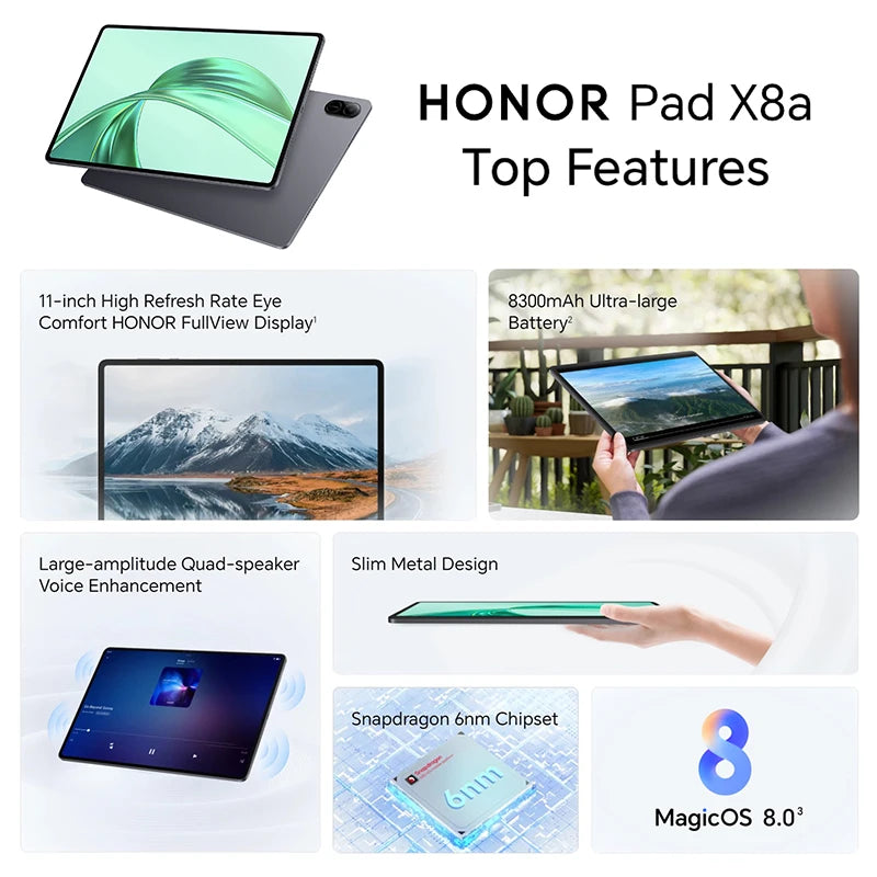 HONOR Pad X8a,Tablet versión europea, pantalla de 11 pulgadas con alta frecuencia de actualización y protección ocular, batería de 8300 mAh, altavoces cuádruples de gran amplitud.