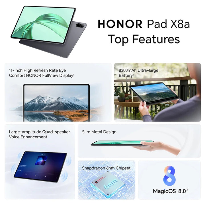 HONOR Pad X8a,Tablet versión europea, pantalla de 11 pulgadas con alta frecuencia de actualización y protección ocular, batería de 8300 mAh, altavoces cuádruples de gran amplitud.
