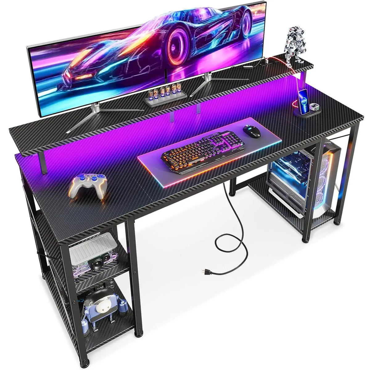 Escritorio gaming con estructura negra, soporte de monitor y panel de teclado con luces LED