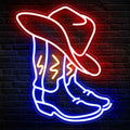 Cartel de neón LED de botas vaqueras con sombrero, luz naranja y azul