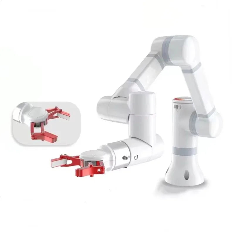 Brazo robótico de café automático blanco con brazos articulados y base