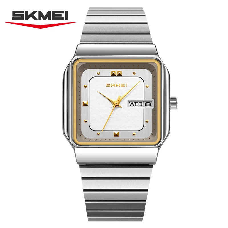 SKMEI 9414 Reloj de cuarzo para hombre con esfera cuadrada sencilla, calendario, semana y correa de acero inoxidable, reloj de negocios impermeable para hombre