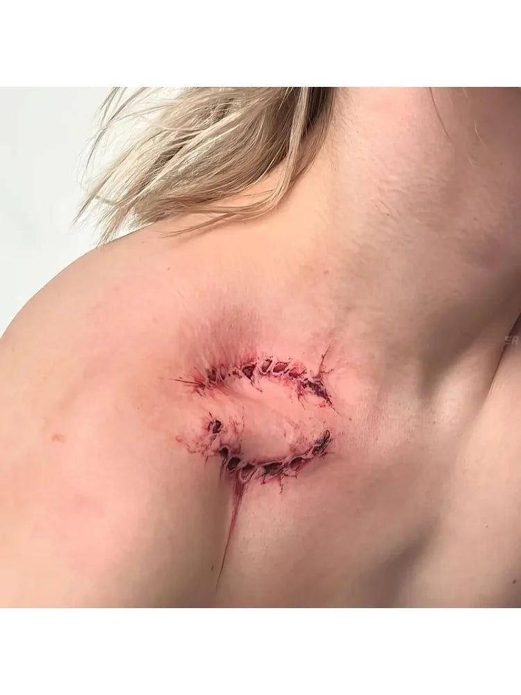 Tatuajes temporales de marca de mordida falsa roja para Halloween, cubierta de Cosplay, pegatina de tatuaje falso impermeable para cicatriz para mujer y hombre