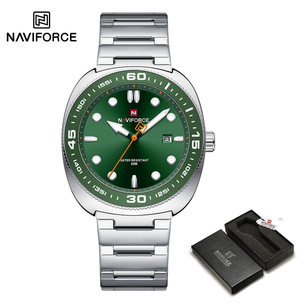 Reloj para hombre NAVIFORCE de lujo, estilo ejecutivo, con fechador, manecillas luminosas, correa de acero inoxidable, movimiento de cuarzo, reloj de marca a la moda