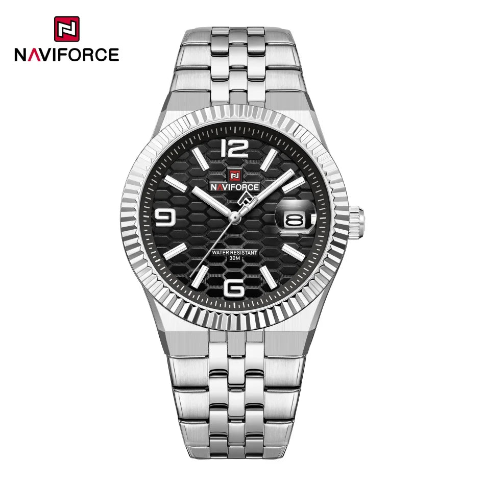 Reloj NAVIFORCE para hombre, de negocios, con esfera redonda, acero inoxidable, textura de panal, fecha, manecillas luminosas, cuarzo resistente al agua
