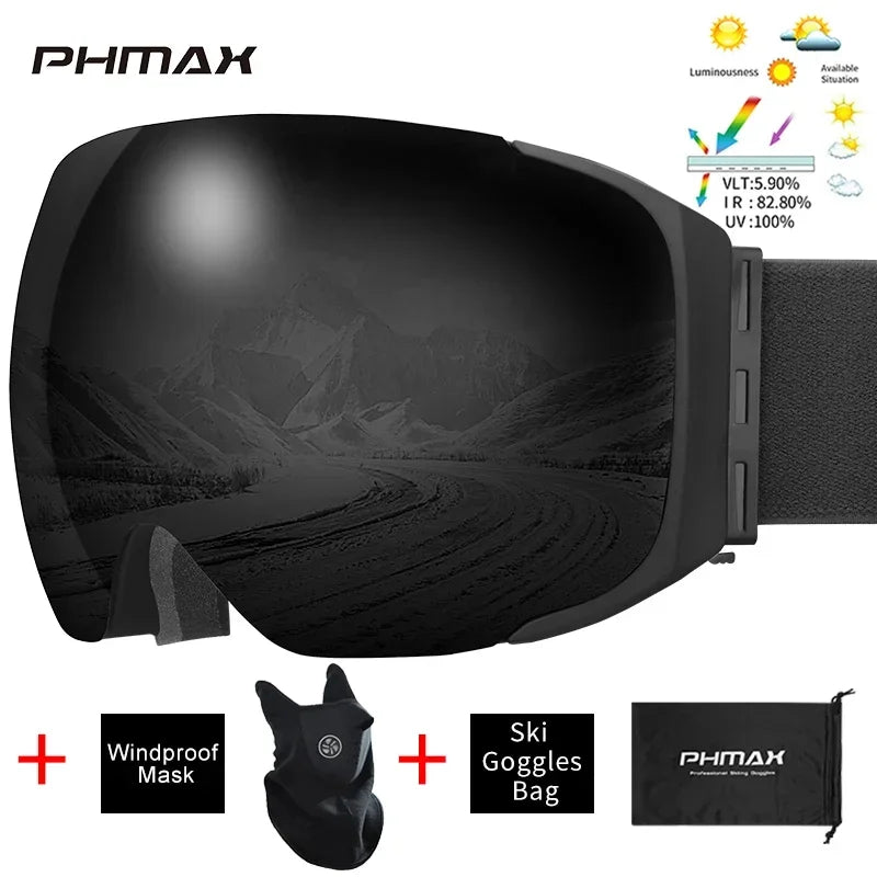 PHMAX-Gafas de esquí UV400 para hombre y mujer, lentes magnéticas antivaho para deportes al aire libre, montaña, Snowboard, gafas de nieve grandes con máscara