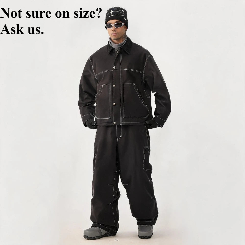 GSOU SNOW Traje de esquí americano holgado, ropa de invierno a prueba de viento, cálida, de talla grande, conjunto de chaqueta y pantalones de snowboard con bloques de color, súper holgado