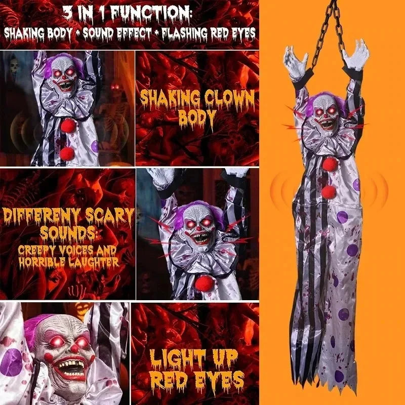 Payaso Colgante de Halloween con Sonido, Activación Táctil y Ojos Rojos Iluminados para Decoración de Fiestas de Casas Encantadas