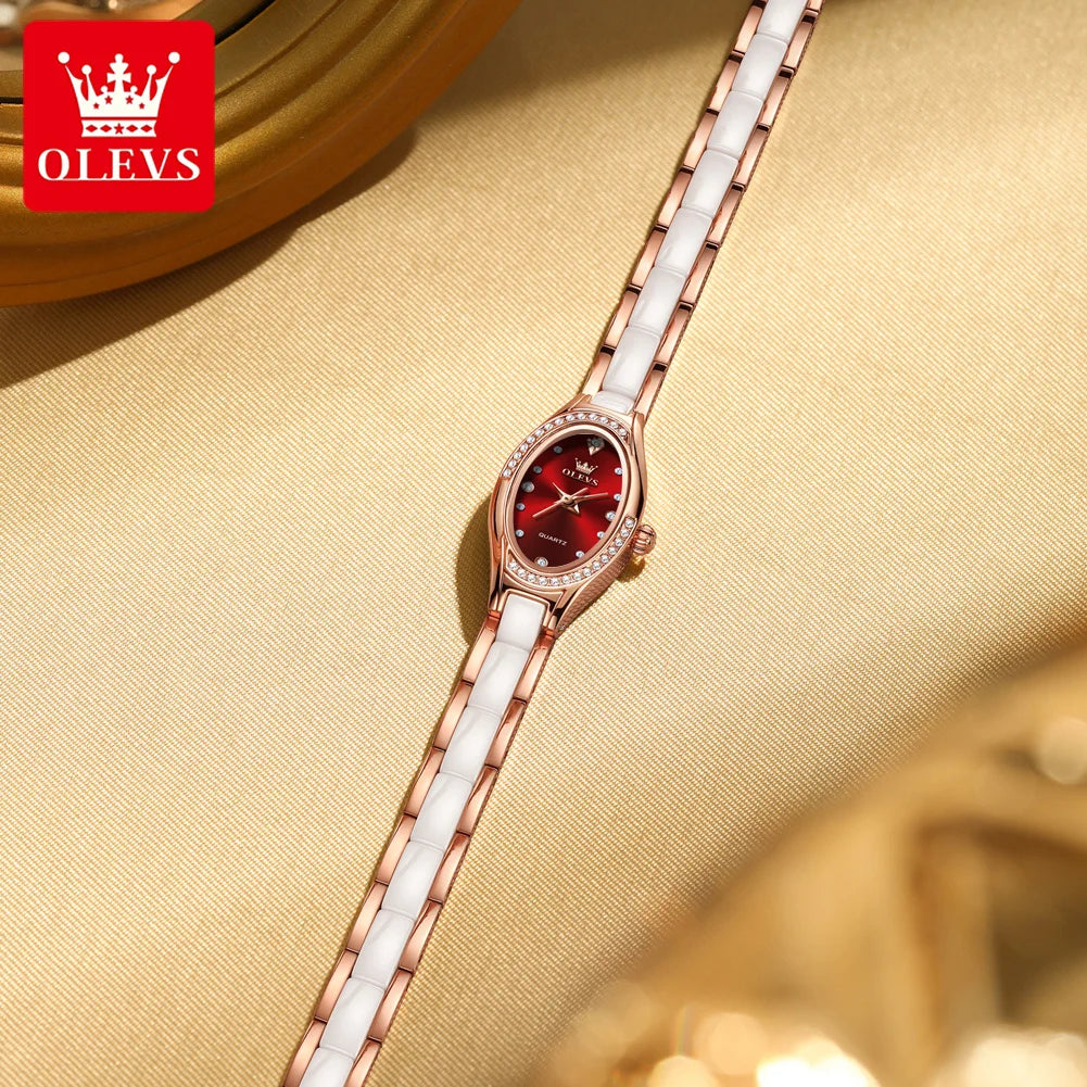 Reloj de cuarzo para mujer OLEVS 7131 con correa de porcelana, resistente al agua 30m, esfera con diamantes exquisitos y diseño elegante de moda
