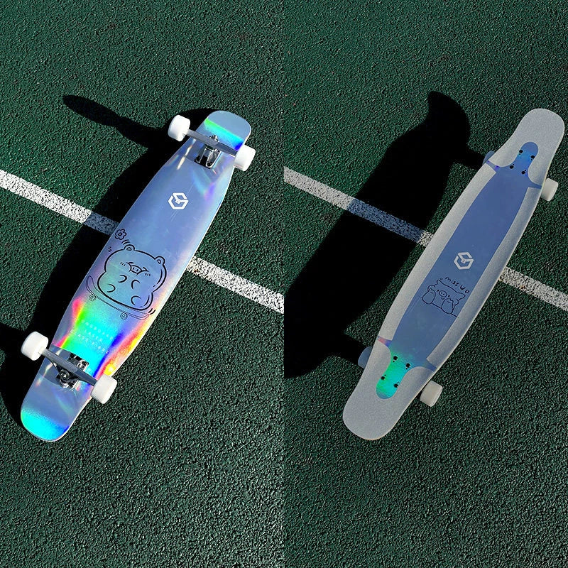 Longboard con Patrón Láser, Tabla de Skate Profesional de Fibra de Vidrio, Ligera, Delgada y Flexible, Tabla de Baile Freestyle para Principiantes