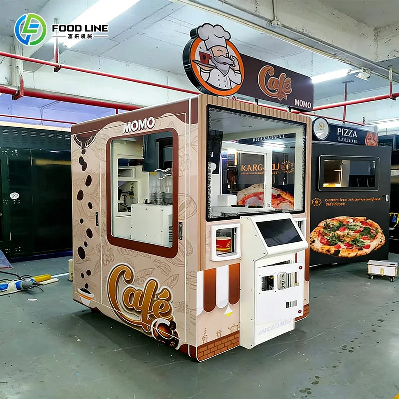 Máquina expendedora robótica de café, cabina con ventana, pantallas y letrero “Cafe”.