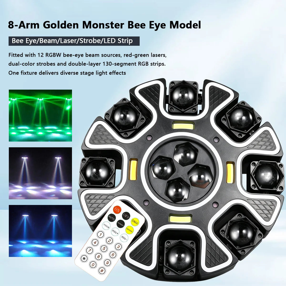 Luz Móvil de 8 Brazos con Efecto Ojo de Abeja de 240W, Combinación de Haz, Láser y Estroboscópico, Control por Sonido/Remoto, para Bares/KTV/Fiestas
