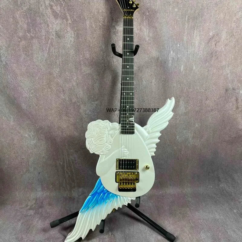 Guitarra Eléctrica SP, Guitarra Personalizada Blanca con Diseño de Ángel Tallado a Mano
