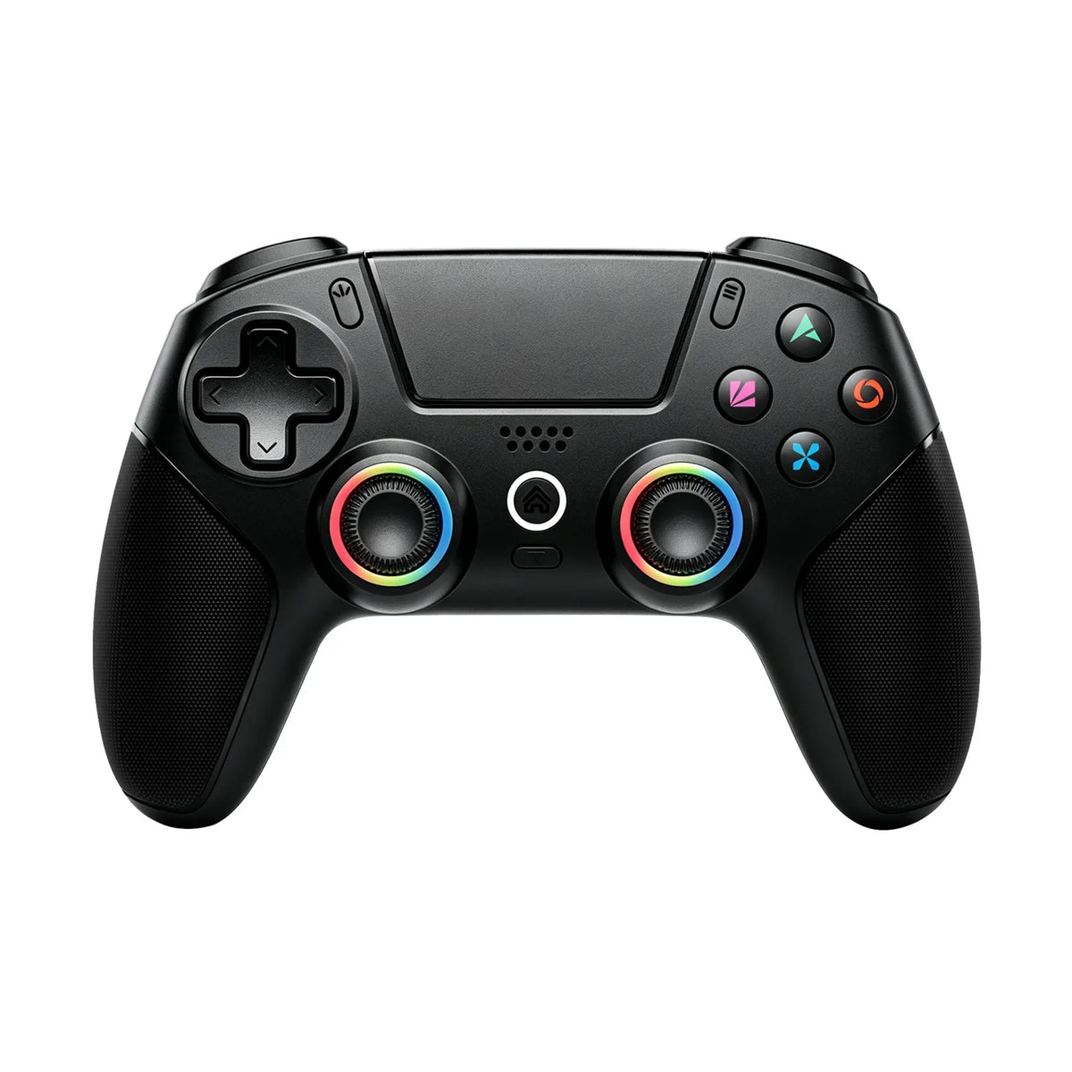 Mando de juego negro con joysticks de efecto RGB y botones de acción iluminados