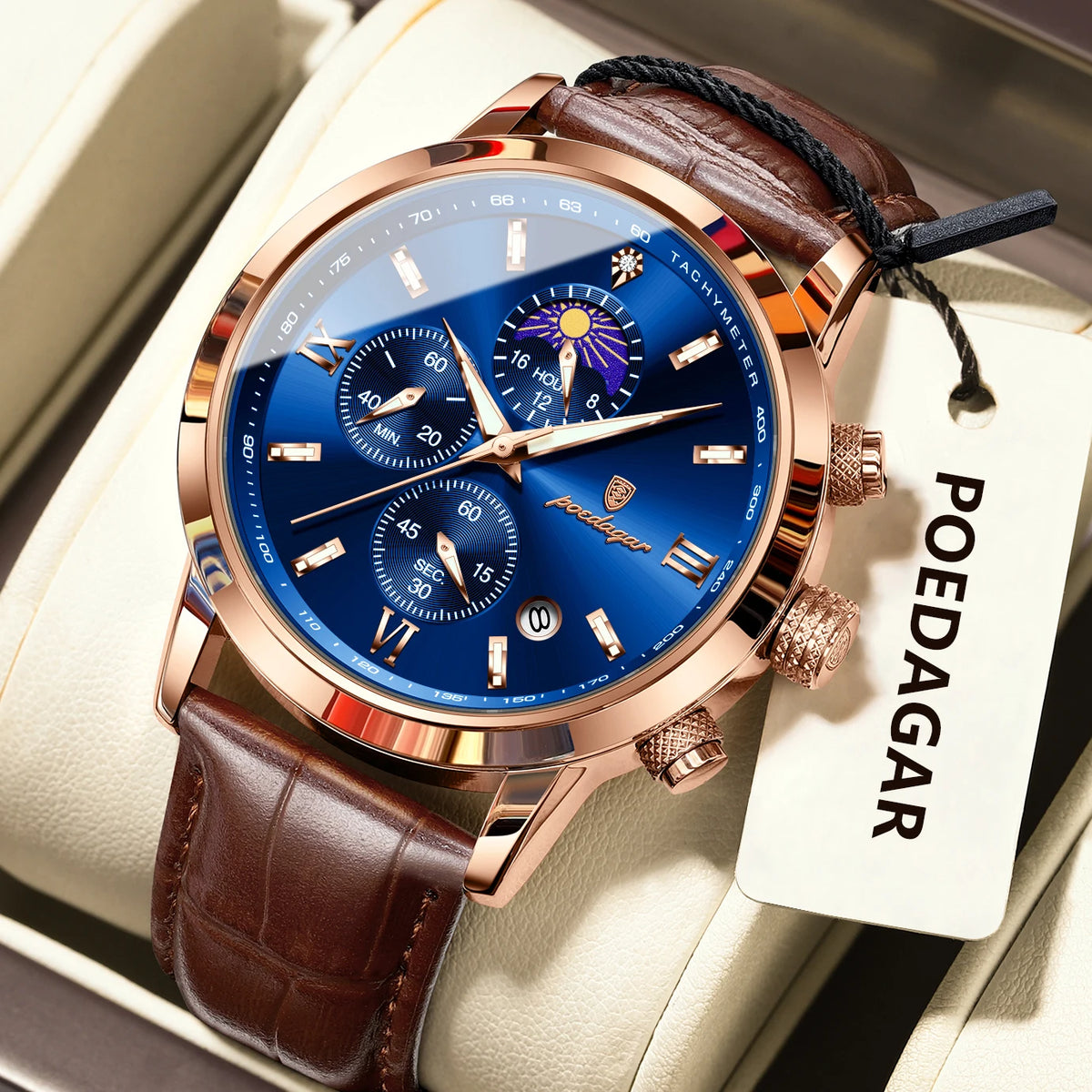 Reloj de pulsera original para hombre POEDAGAR, cronógrafo, con fecha, luminoso, resistente al agua, reloj de lujo de cuarzo con correa de piel para hombre