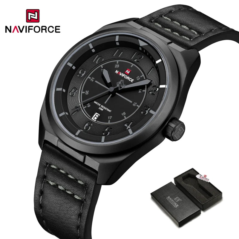 Reloj de pulsera NAVIFORCE para hombre, de cuarzo, elegante, con fecha automática, resistente al agua, de cuero genuino, para negocios, diseño único.