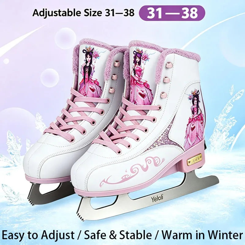 Patines de hielo ajustables para niños, con forro de felpa cálido, suela antideslizante, cuchilla de acero inoxidable y diseño estable, ideales para niños y principiantes.