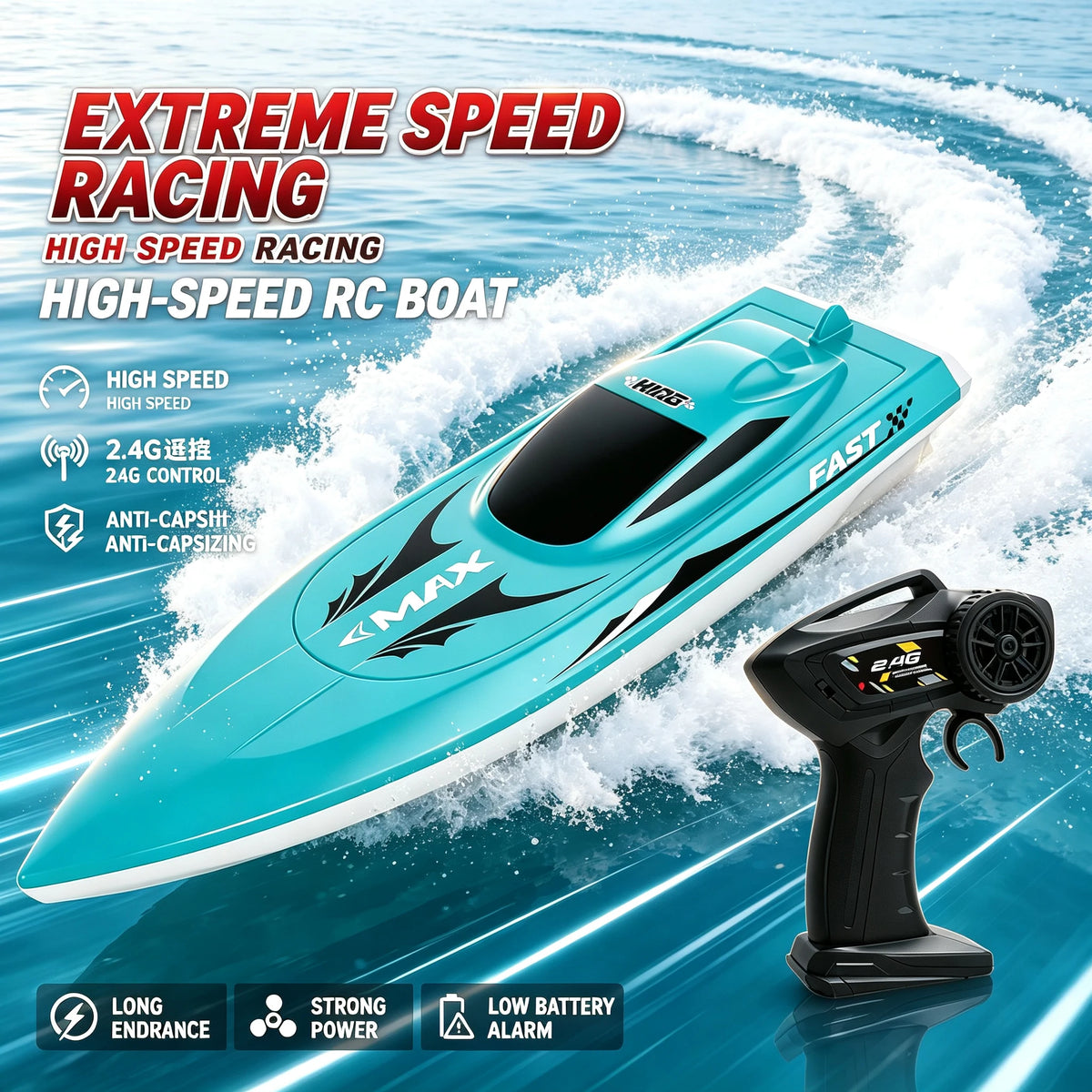 Lancha rápida a control remoto para niños, bote de carreras recargable de alta velocidad 2.4G, regalo de simulación impermeable para niños