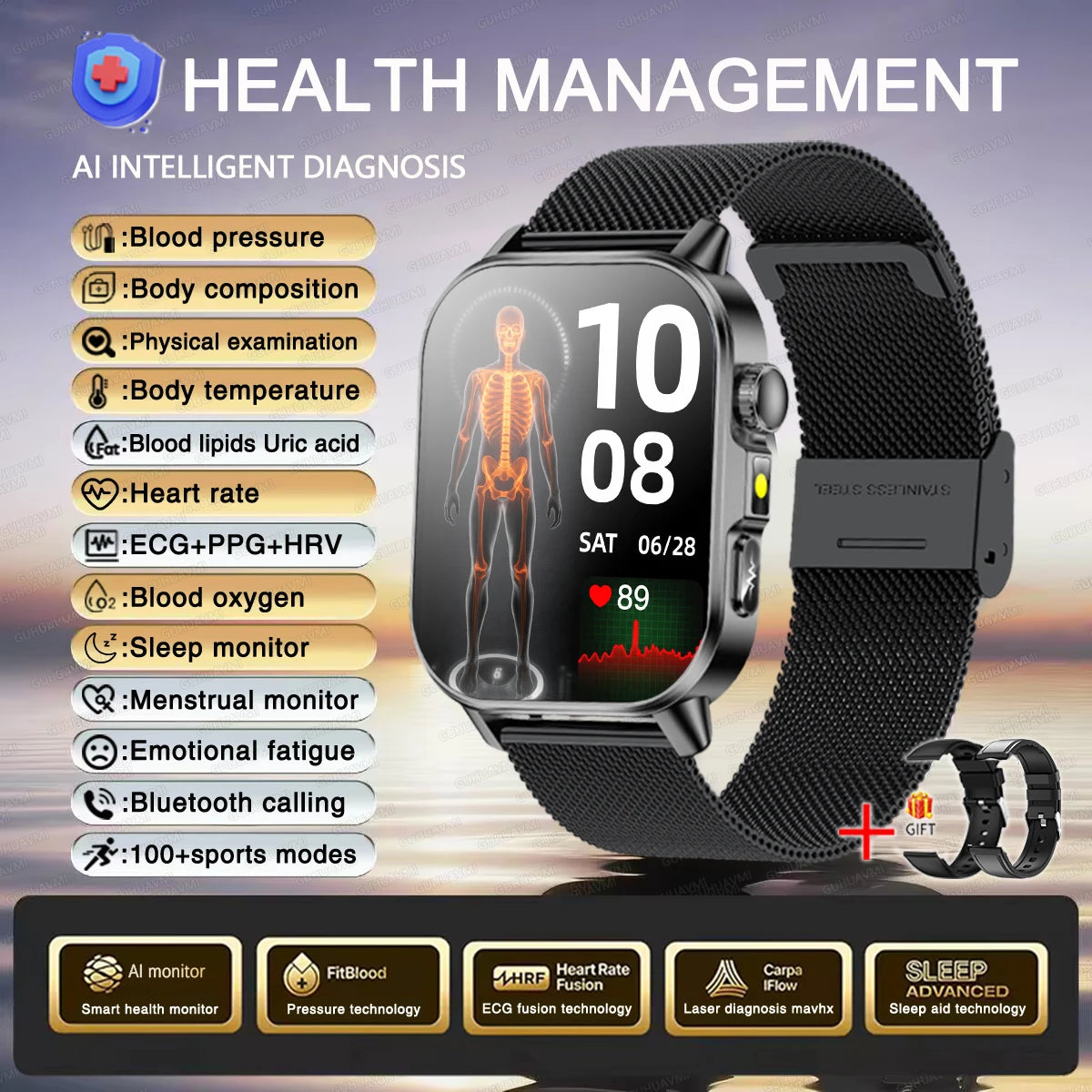2026 Nuevo y preciso diagnóstico Reloj inteligente ECG oxígeno en sangre PA Ácido úrico Lípidos Salud HD AMOLED Pantalla para llamadas Reloj inteligente Hombres Mujeres