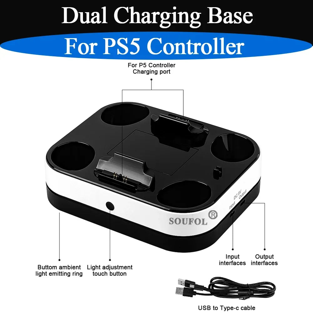 Base de carga doble de alta calidad para PS5 con cable, indicador LED, estación de acoplamiento de soporte de carga para accesorios de mando de PS5