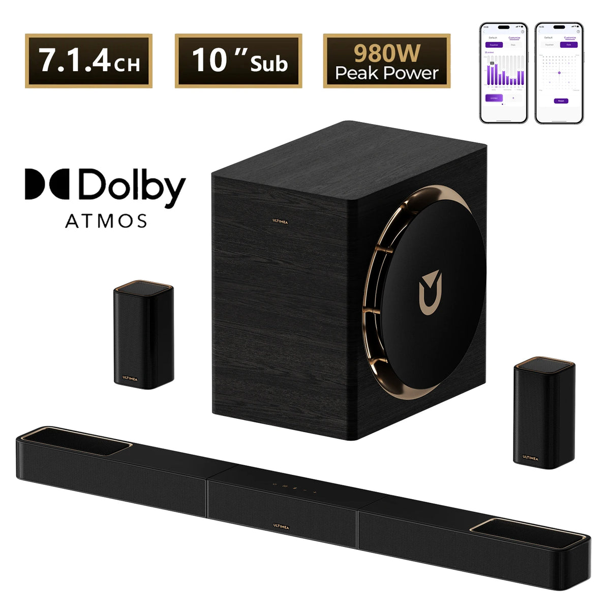 Kit de barra de sonido con subwoofer inalámbrico de 10" y altavoces traseros