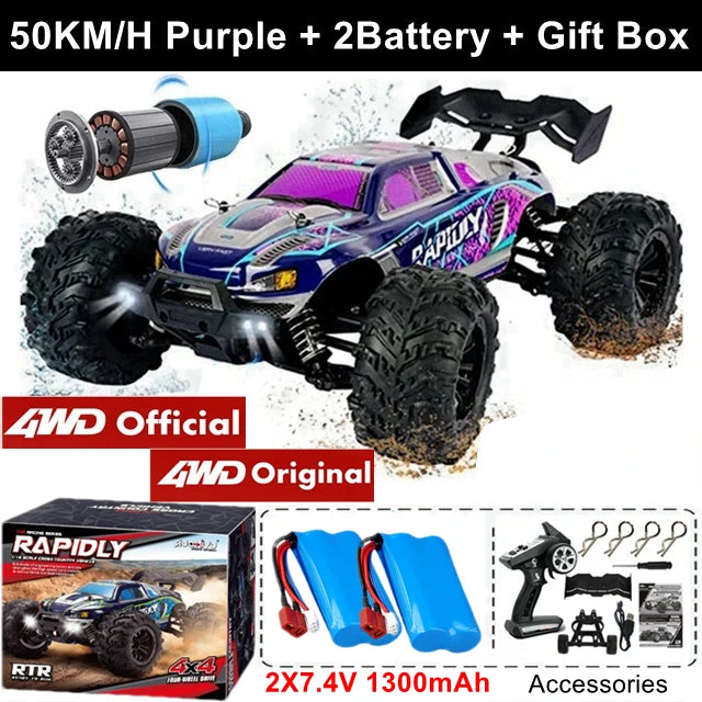 Camión RC 4x4 todoterreno morado con carrocería azul y llantas negras, 2 baterías.