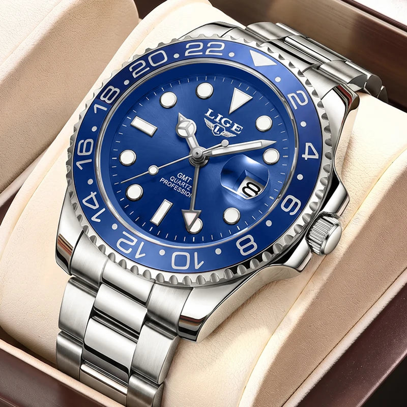 LIGE Nuevos relojes de cuarzo GMT para hombre, marca de lujo, reloj de buceo de moda, cronógrafo deportivo informal resistente al agua, Montre Homme