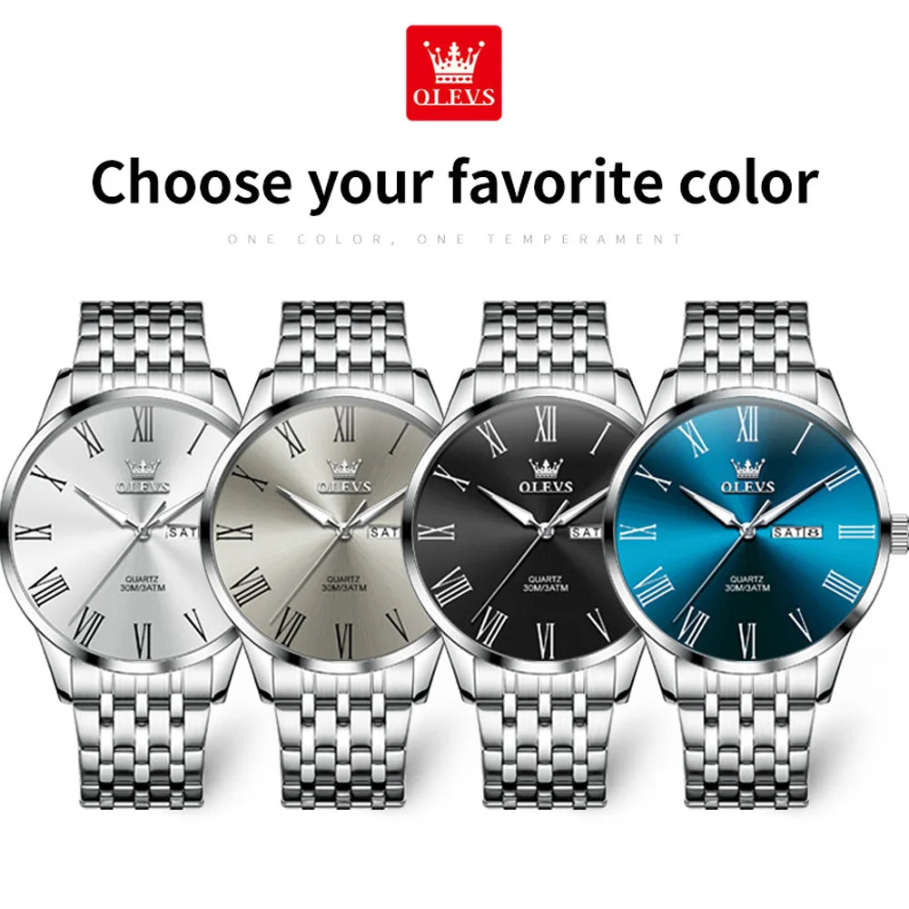 Reloj de cuarzo para hombre marca OLEVS, original y sencillo, resistente al agua, de acero inoxidable, con fecha, manecillas luminosas y números romanos.