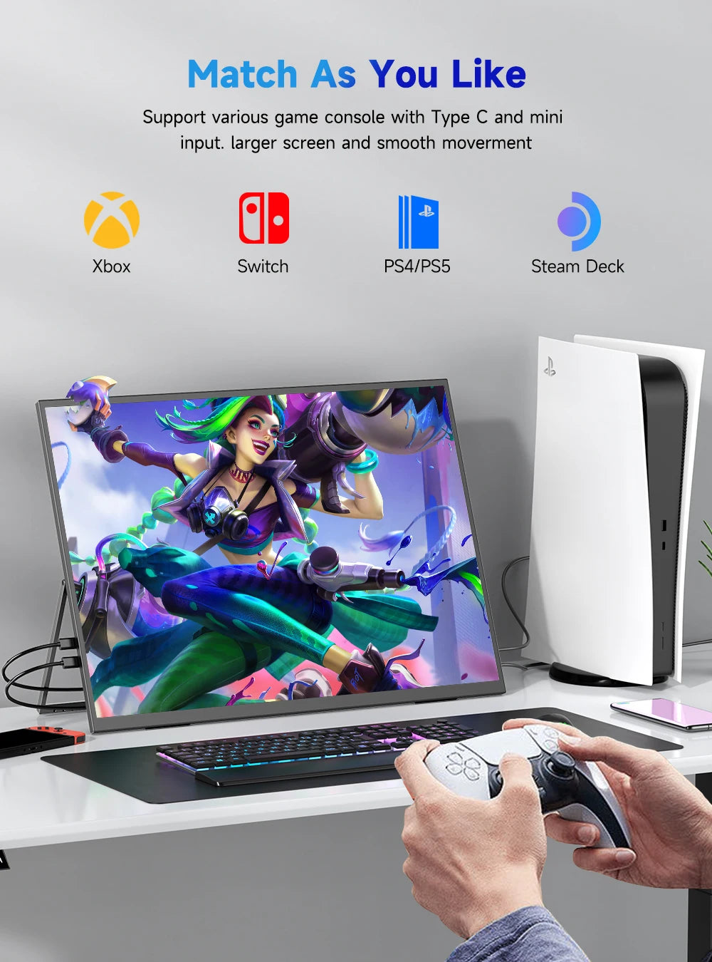 Monitor Portátil EVICIV 23.8" 4K QLED Ultra HD 3840 * 2160 135% sRGB 350 Nits Freesync, Gran Pantalla Externa para Juegos USB C LS Stand VESA para Mini PC, Laptop, MAC, Teléfono, PS5, Xbox, Switch