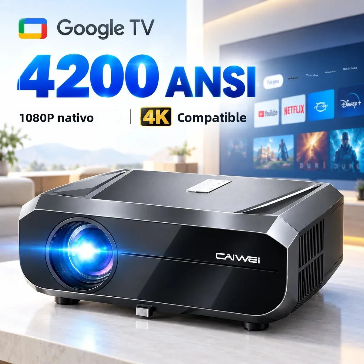 Proyector 4K 900D 4200ANSI con Resolución Nativa 1080P, Google TV, WiFi6, Enfoque Automático TOF, Proyector Inteligente para Cine en Casa, para Noches de Cine y Juegos 2026