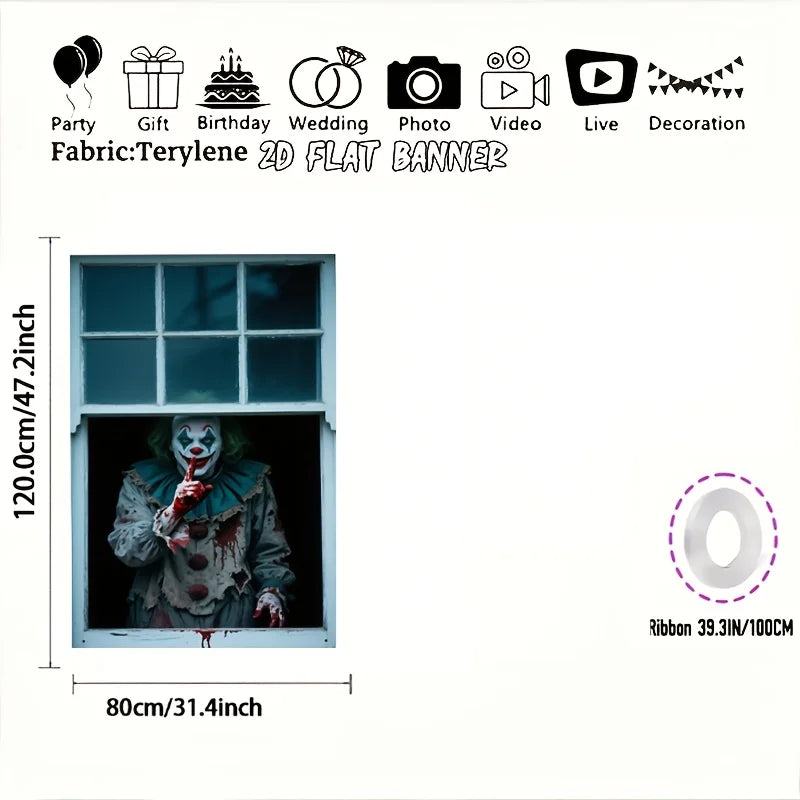 Banner plano 2D de 1 pieza para fiesta de Halloween - Diseño de payaso de carnaval de terror y sangre, decoración colgante de poliéster