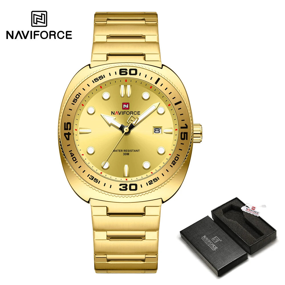 Reloj para hombre NAVIFORCE de lujo, estilo ejecutivo, con fechador, manecillas luminosas, correa de acero inoxidable, movimiento de cuarzo, reloj de marca a la moda