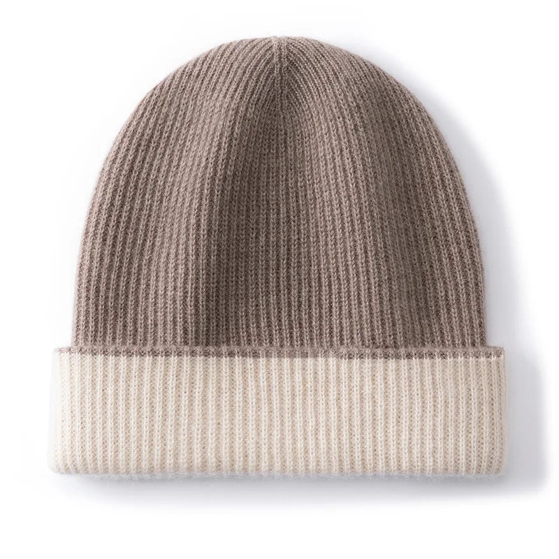 Gorros de invierno para mujer/hombre, gorro de cachemira cálido y casual para exteriores, gorro de punto de dos capas con diseño de patchwork, gorro unisex con borde reforzado.